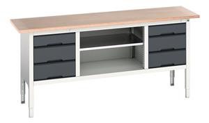 verso adj. height storage bench (mpx) with 3 drw cab / mid shlf / 3 drw cab. WxDxH: 2000x600x830-930mm. RAL 7035/5010 or selected Verso Height Adjustable Work Storage and Packing Benches
